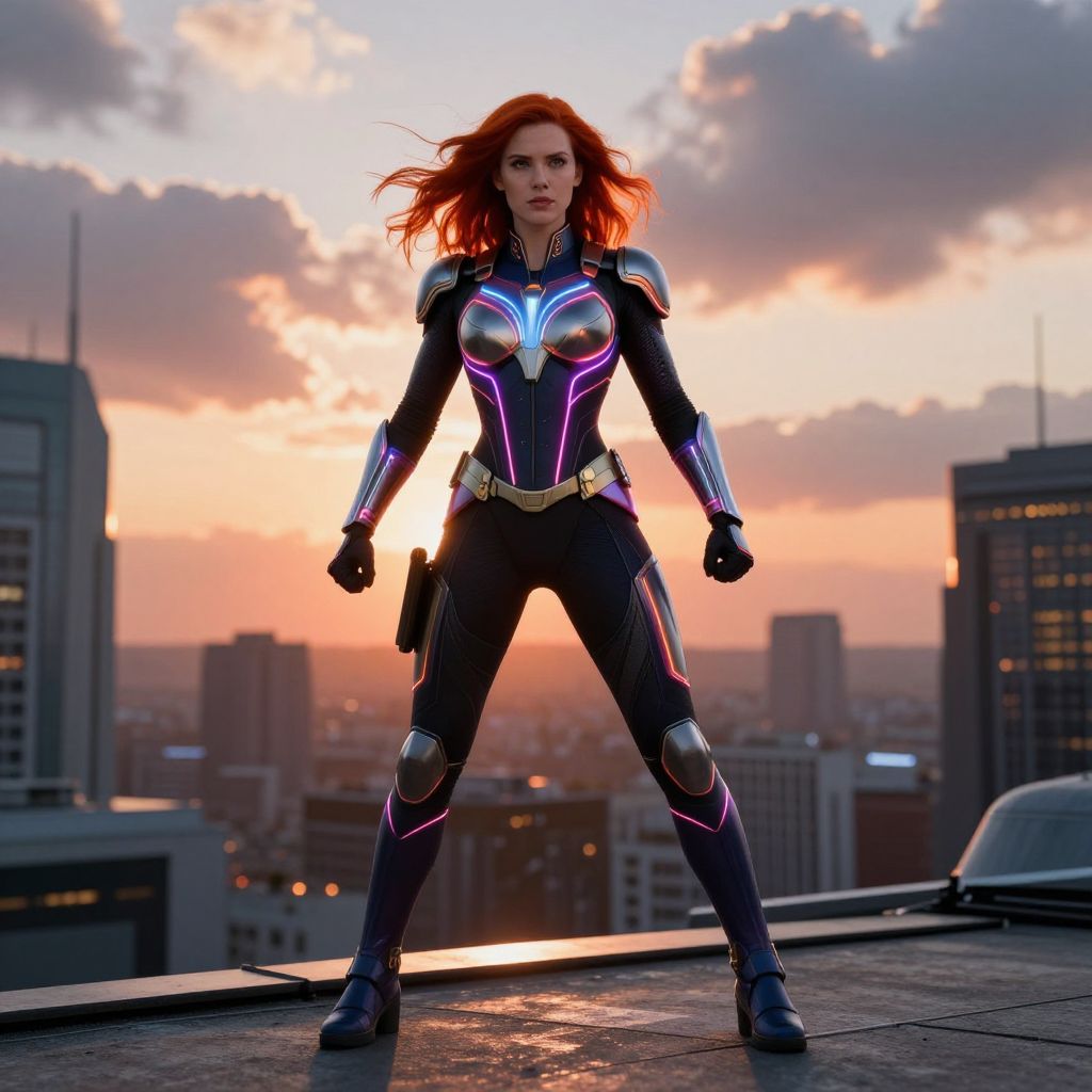 Woman in Futuristic Neon Armor Suit Standing on Rooftop at Sunset