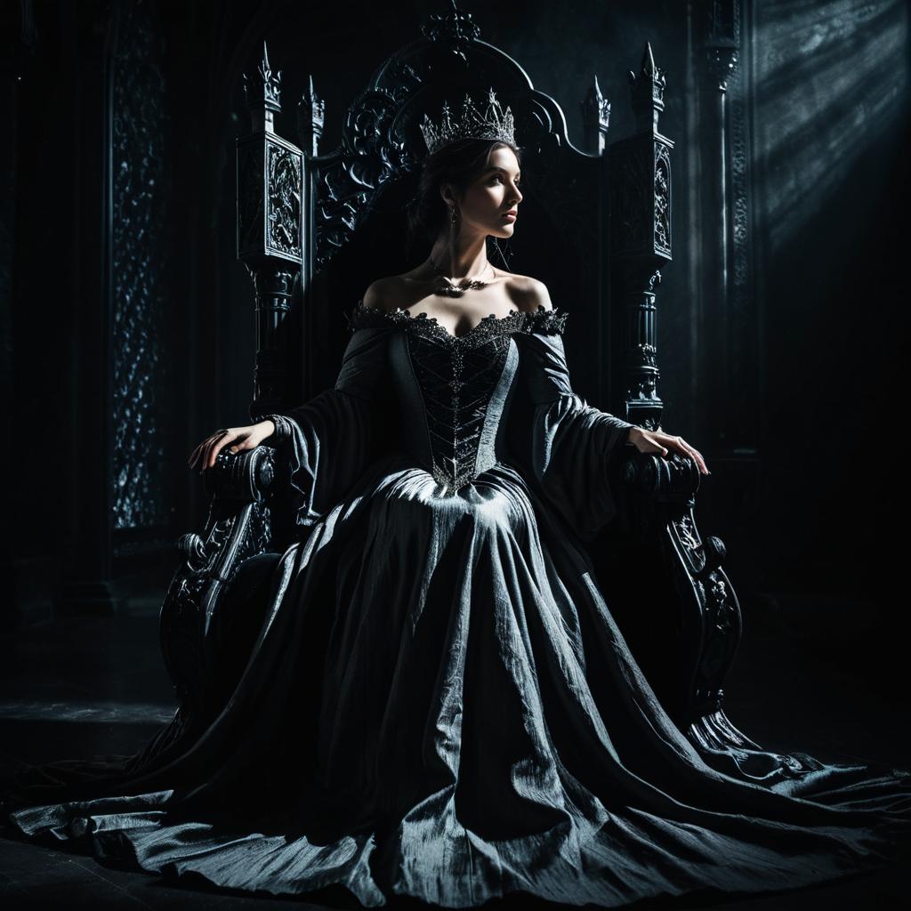 Victorian Gothic Woman Sitting on Ornate Throne in Dramatic Light