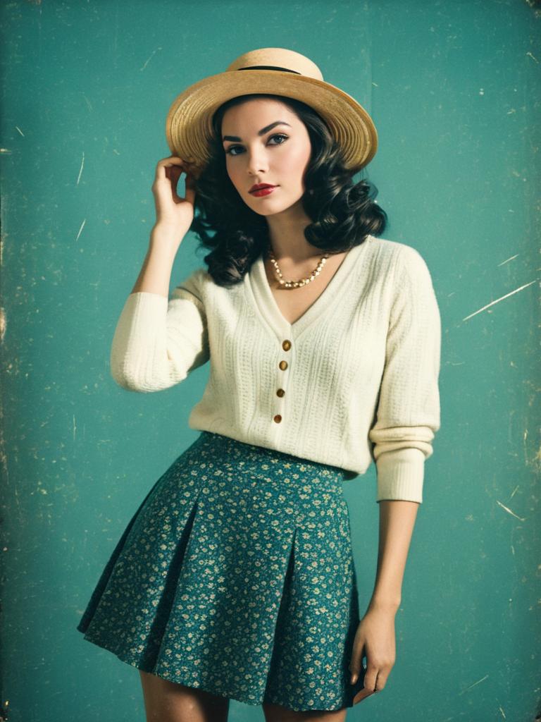 Woman in Casual Boho White V-Neck Sweater with Floral Skirt and Straw Hat
