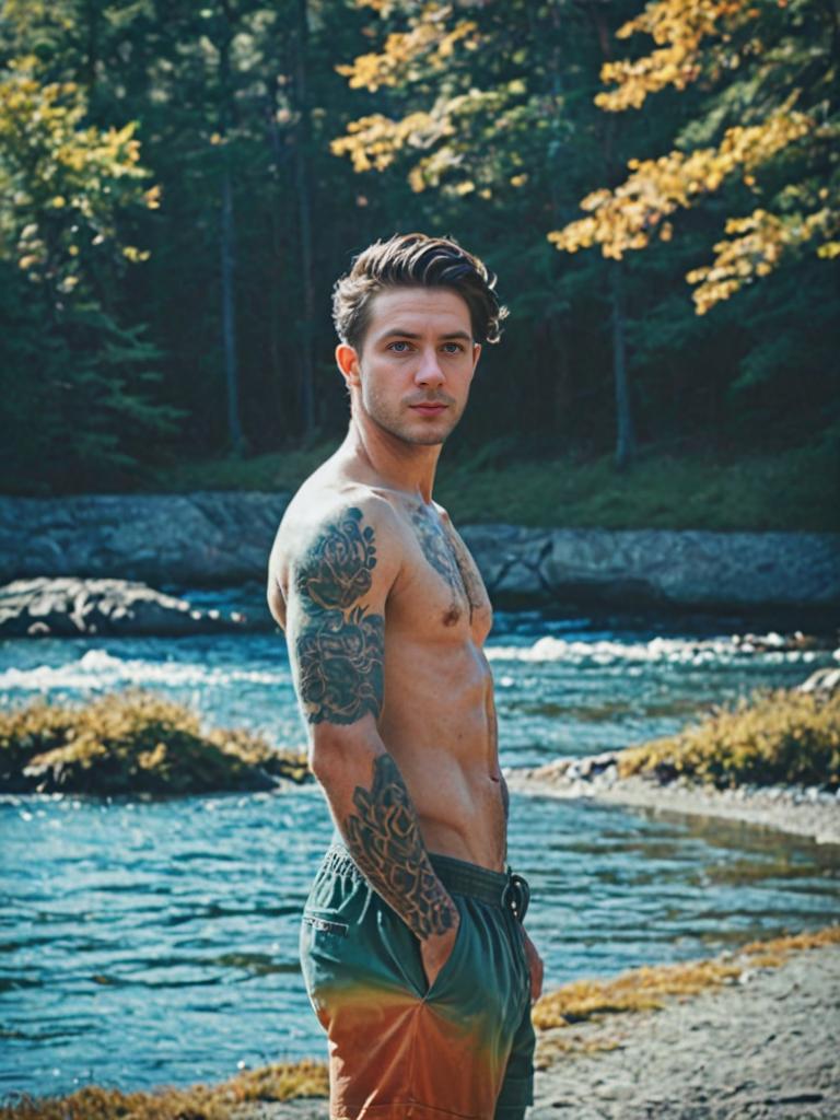 Shirtless Man by Serene River in Lush Forest