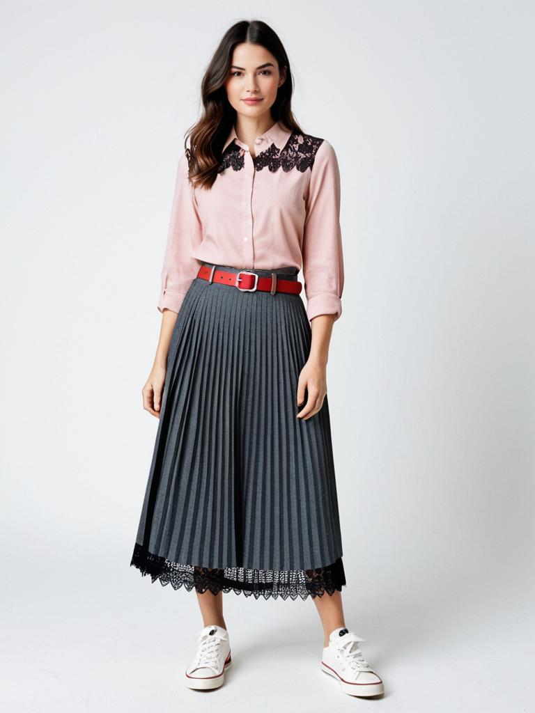 Stylish Woman Wearing Pink Blouse and Pleated Gray Midi Skirt with Red Belt