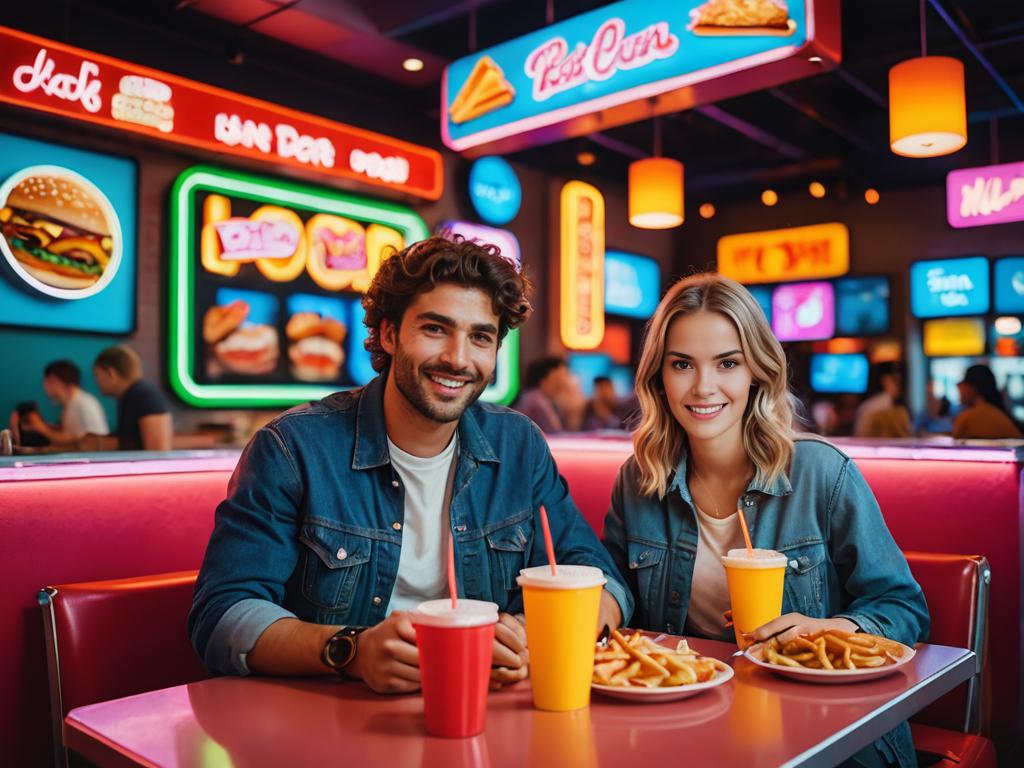 Young Couple Enjoys Fast Food in Vibrant Restaurant