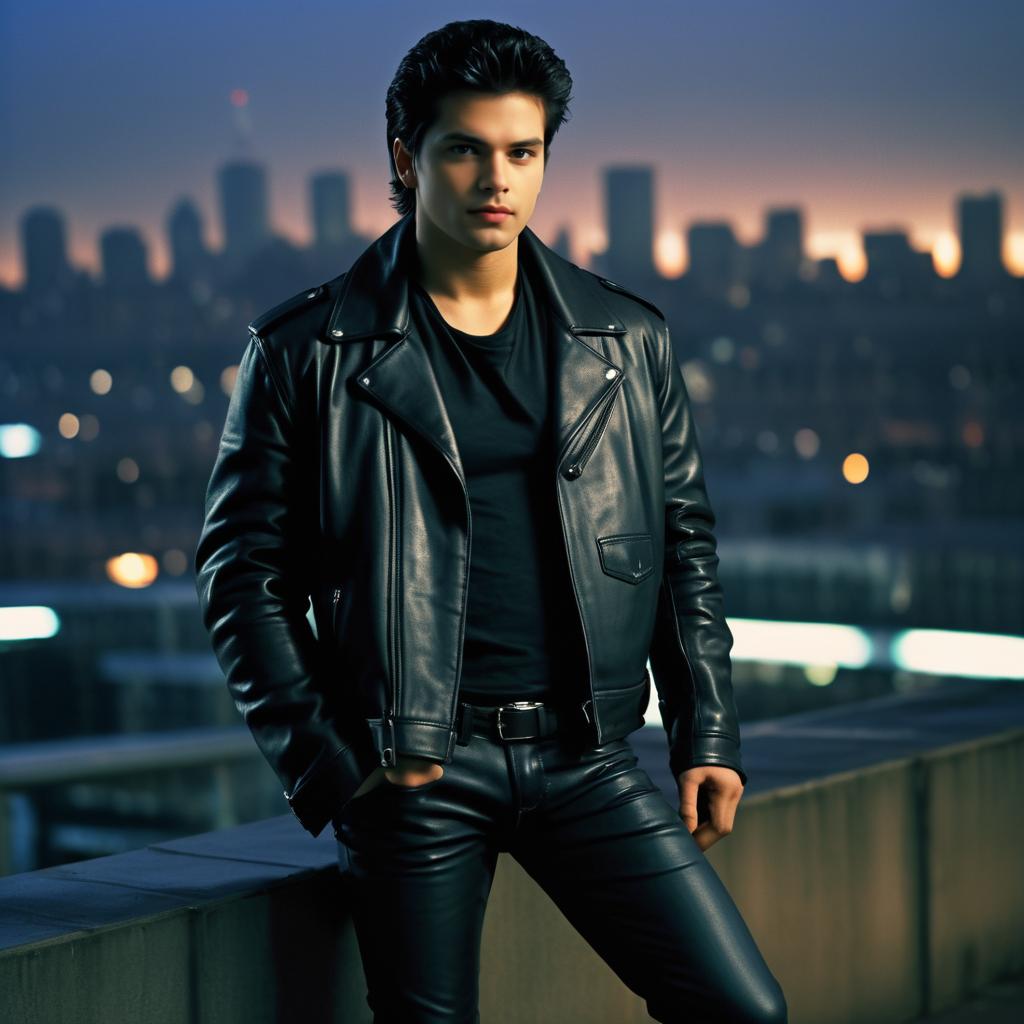 Stylish Young Man in Leather Jacket Against City Skyline