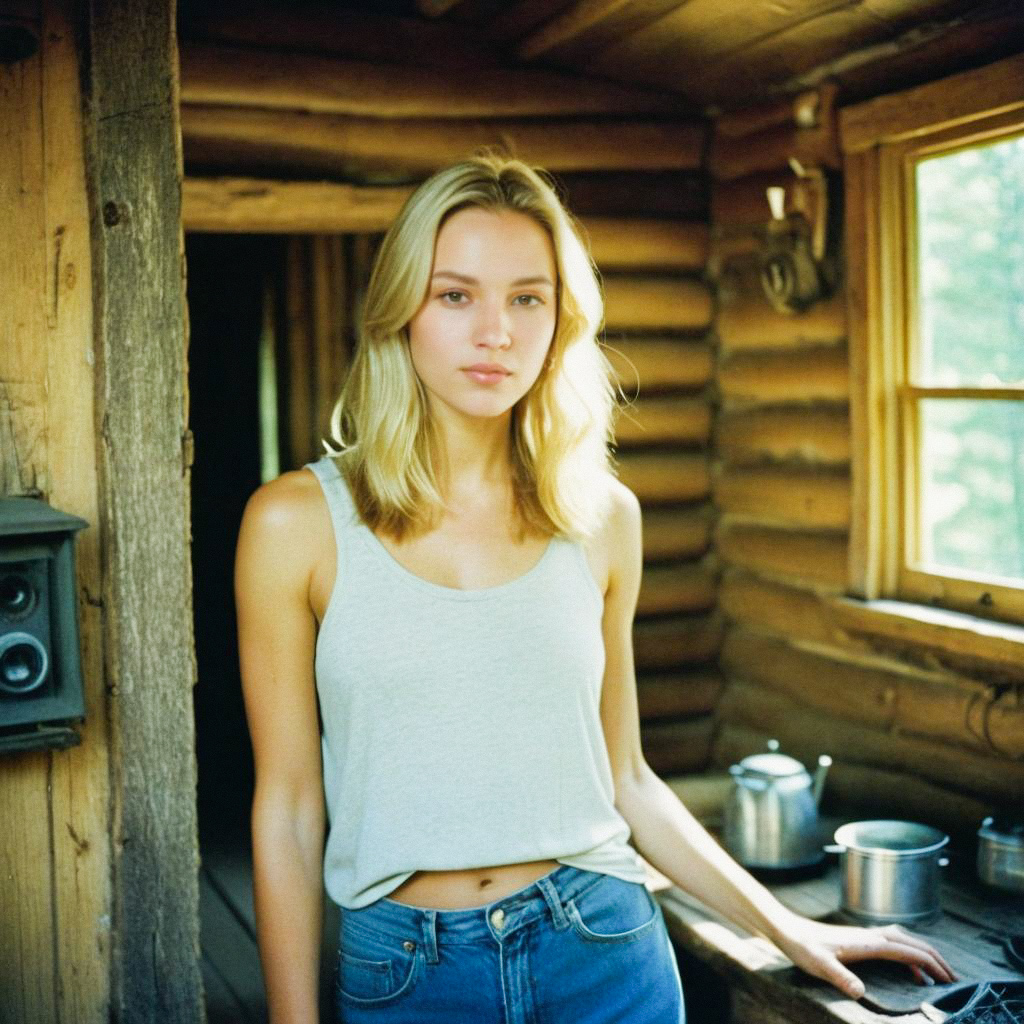 Calm Young Woman in Rustic Cabin Calm Young Woman in Rustic Cabin