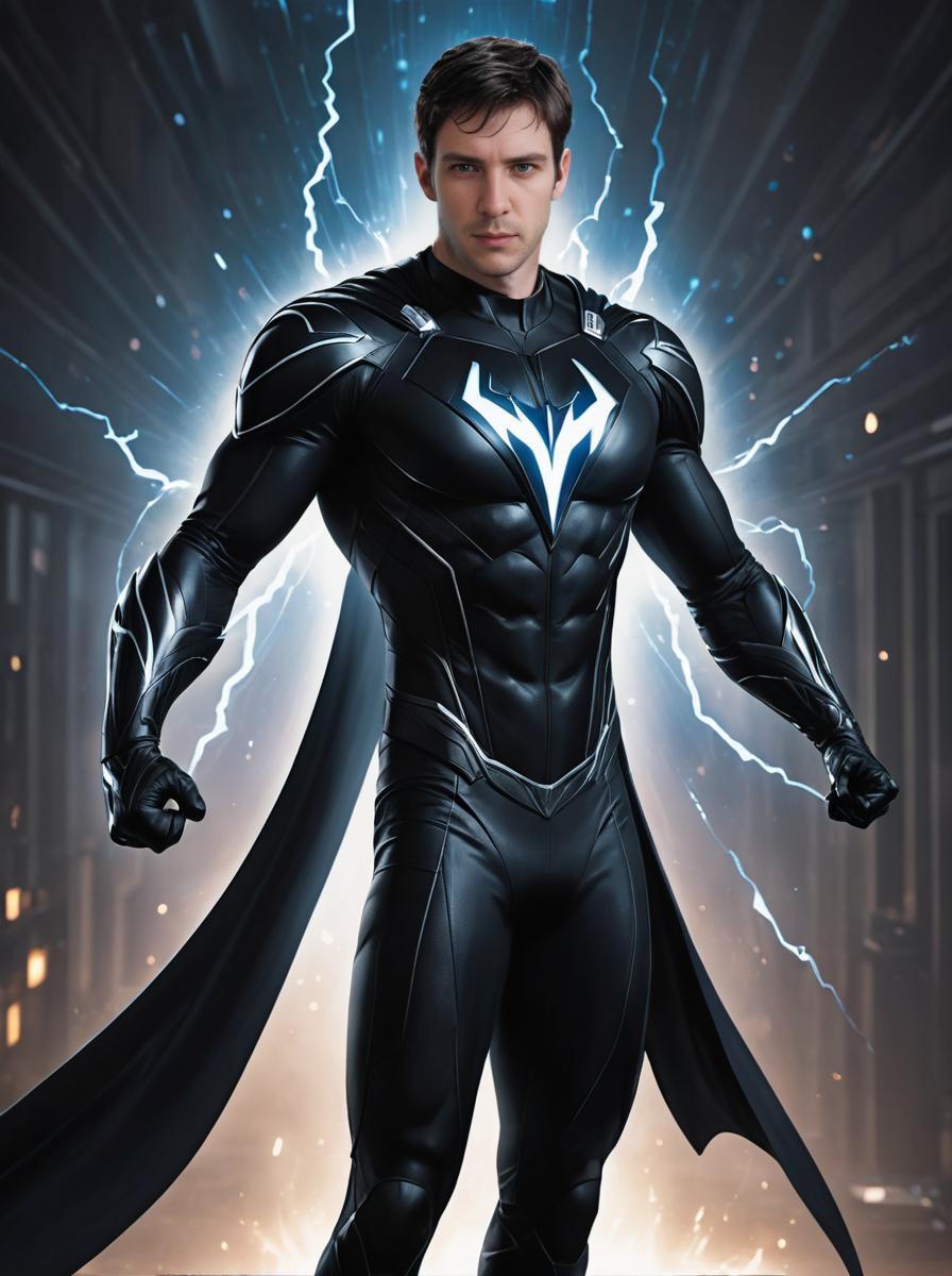 Powerful Male Superhero in Black Suit with Blue Accents