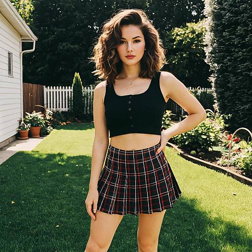 Young Woman in Black Top and Red Plaid Skirt Outdoors