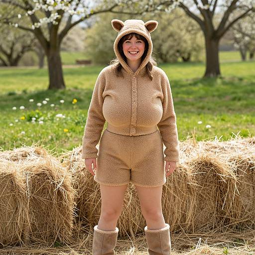 Woman in Cozy Teddy Bear Outfit Outdoors with Hay Bales