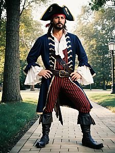 Man in Peg Leg Pirate Costume Cinematic Realism Bold Swashbuckler