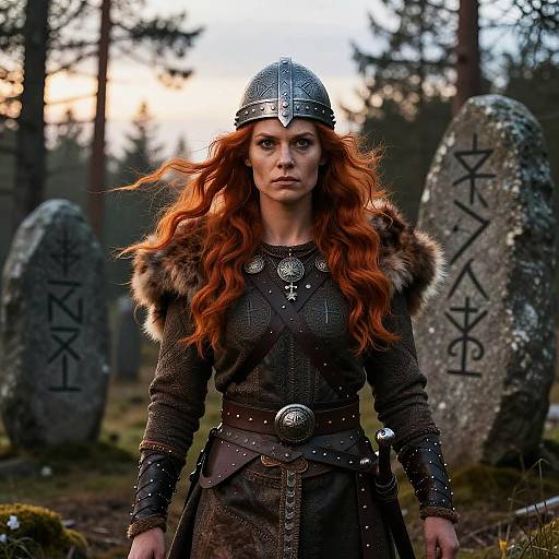 Red-Haired Viking Woman Warrior in Forest with Rune Stones