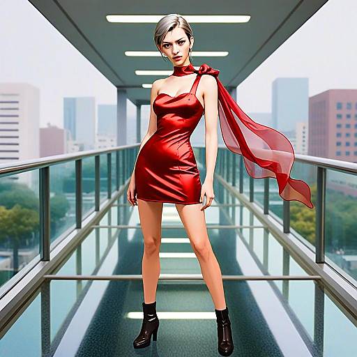 Stylish Woman in Red Mini Dress Posing in Modern Urban Glass Corridor