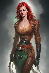 Red-Haired Woman in Futuristic Leather Outfit Digital Art