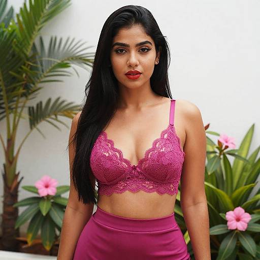 Young Woman in Magenta Lace Bralette and Skirt with Floral Background