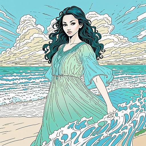Anime Style Woman Standing by the Ocean with Flowing Dress