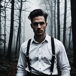 Confident Young Man in Misty Forest