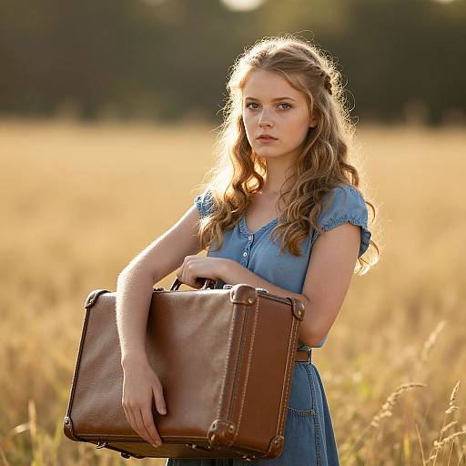 Young Woman Holding Vintage Suitcase in Golden Field