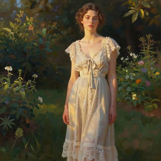 Elegant Woman in Vintage Lace Dress in Sunlit Garden