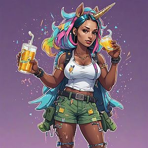 Confident Young Woman with Unicorn Hair and Golden Beverages