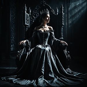 Victorian Gothic Woman Sitting on Ornate Throne in Dramatic Light