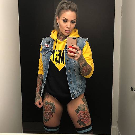 Tattooed Woman in Yellow Hoodie and Denim Vest Taking Mirror Selfie