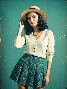 Woman in Casual Boho White V-Neck Sweater with Floral Skirt and Straw Hat
