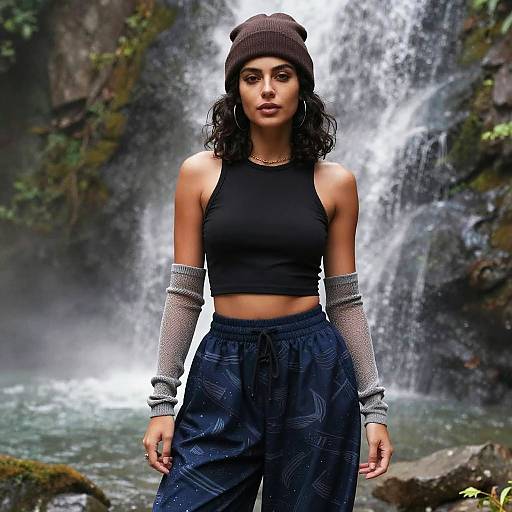 Woman in Casual Streetwear with Black Crop Top and Patterned Joggers by Waterfall