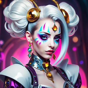 Futuristic Woman with White Hair and Neon Background