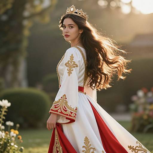 Elegant Woman in Embroidered White and Red Dress with Golden Crown