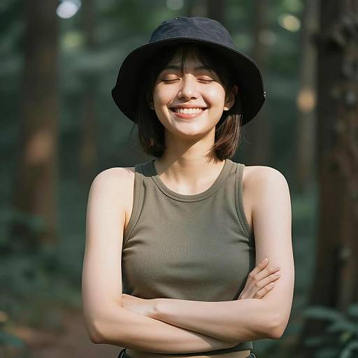 Smiling Young Woman in Olive Tank Top and Black Bucket Hat Outdoors
