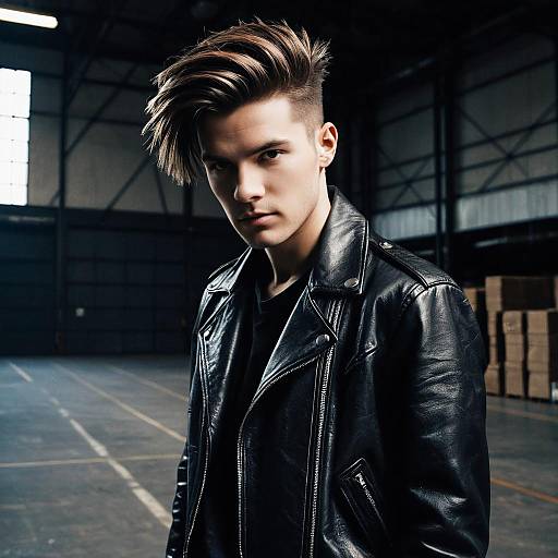 Stylish Young Man in Black Leather Jacket in Warehouse