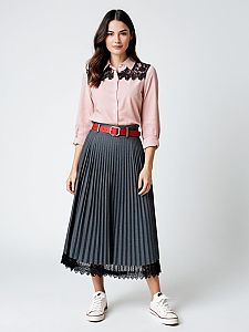 Stylish Woman Wearing Pink Blouse and Pleated Gray Midi Skirt with Red Belt