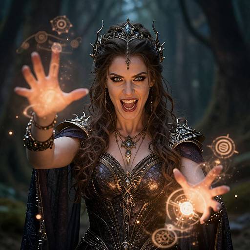 Fantasy Sorceress Woman Casting Magic Spells in Enchanted Forest