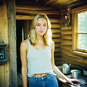 Calm Young Woman in Rustic Cabin