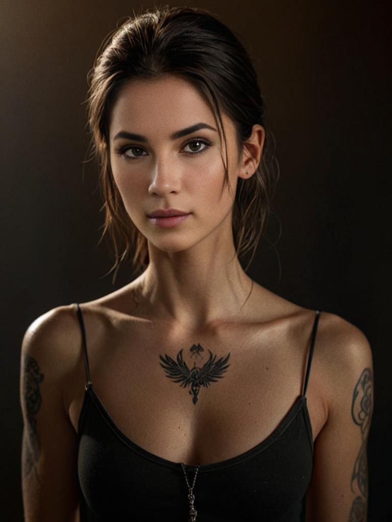 Woman with Dark Hair and Tattoos in Black Top