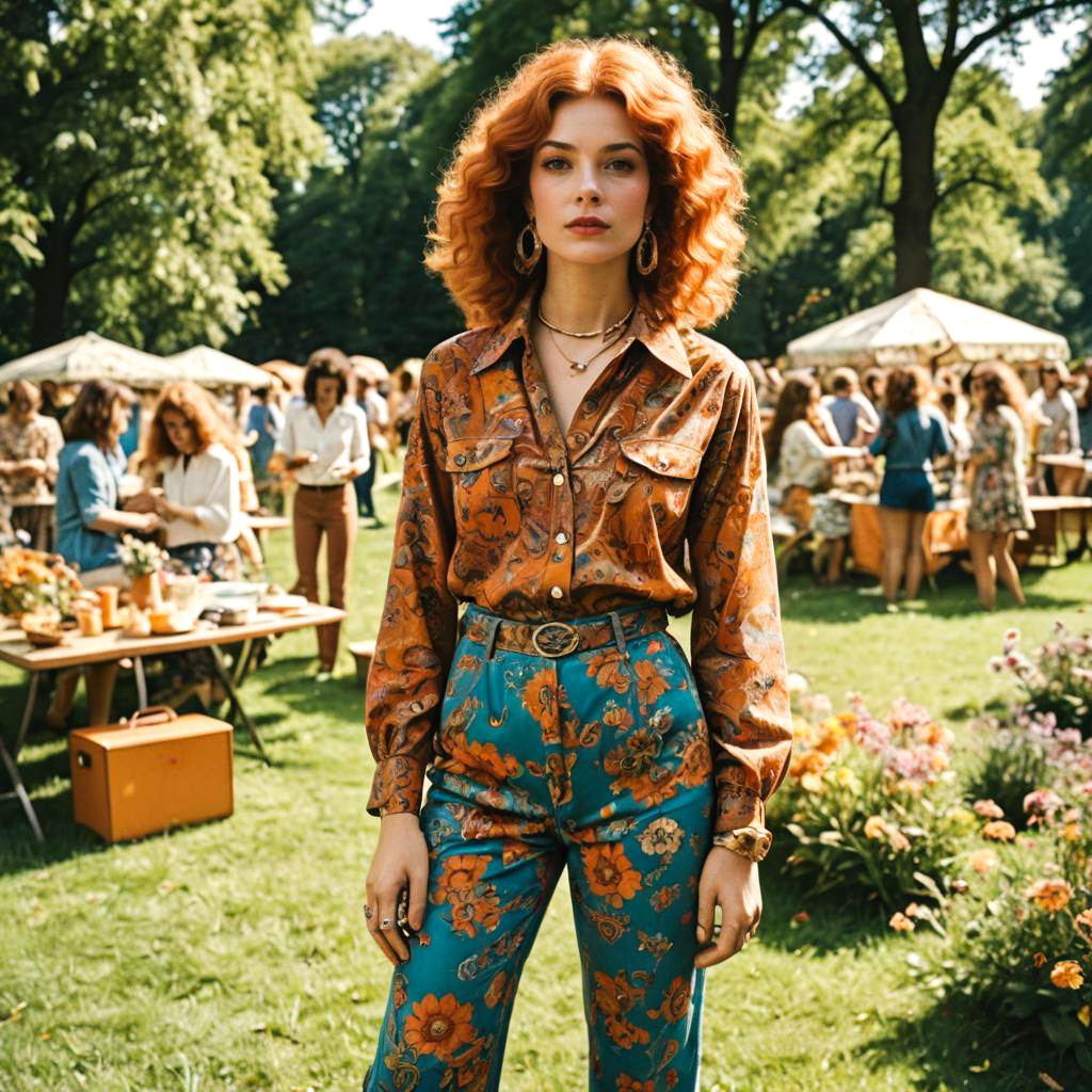 Fashionable Woman with Curly Red Hair at Summer Gathering