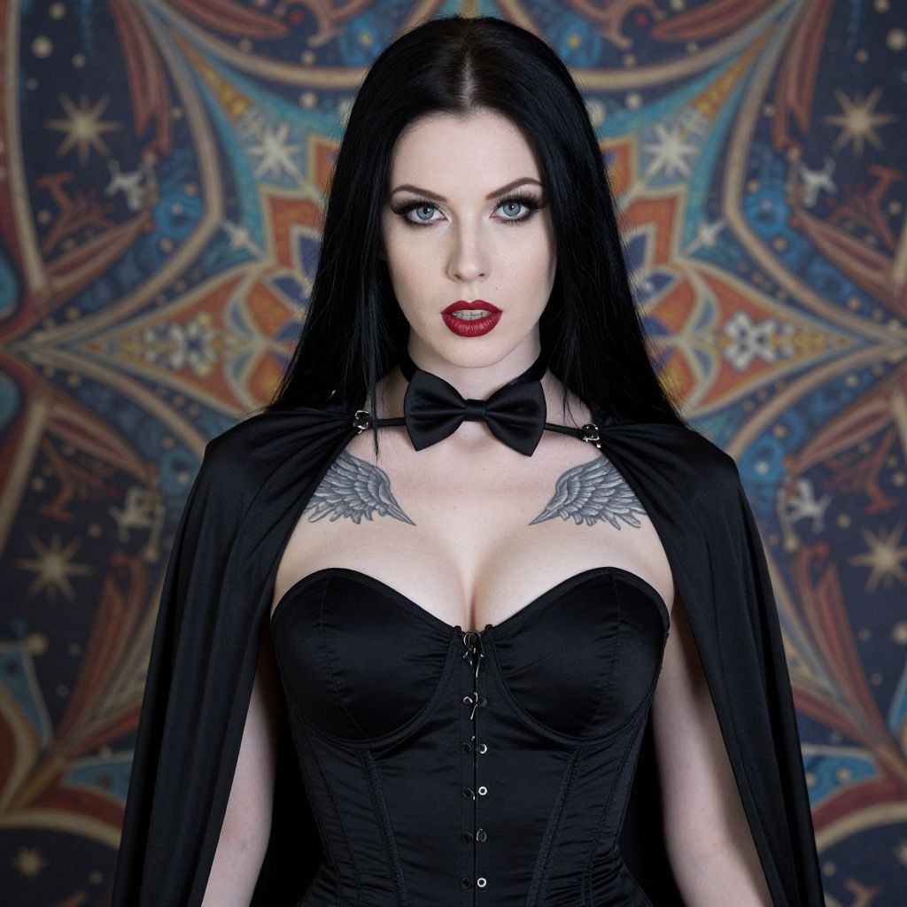 Gothic Woman in Black Corset and Cape with Wing Tattoos
