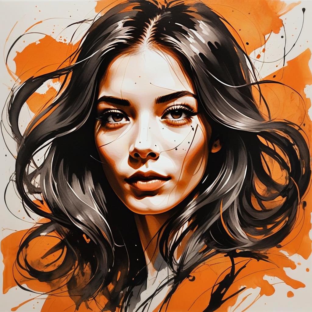 Stylized Digital Portrait of Woman with Flowing Hair on Orange Background