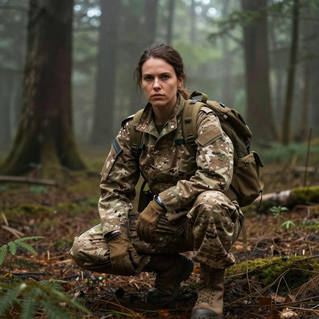Woman in Camouflage Military Uniform in Forest Tactical Training