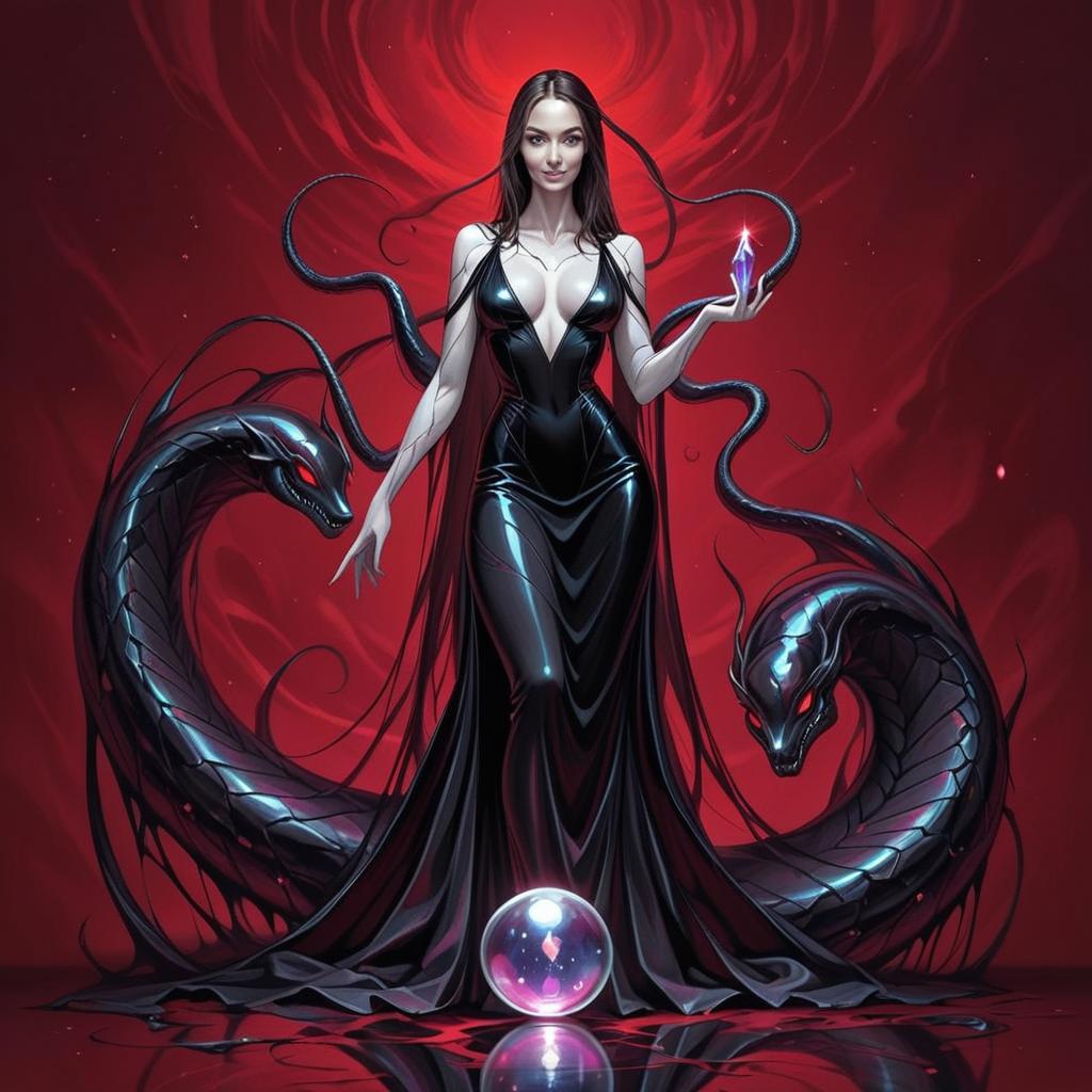 Striking Woman in Black Gown with Serpents and Crystal Striking Woman in Black Gown with Serpents and Crystal