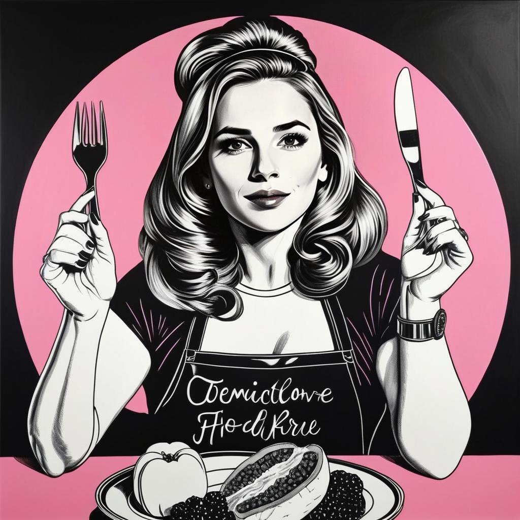 Retro Woman with Fork and Knife on Pink Background Retro Woman with Fork and Knife on Pink Background