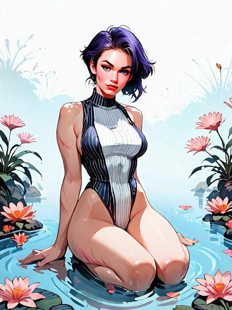 Stylized Digital Art of Woman Kneeling in Pond with Flowers