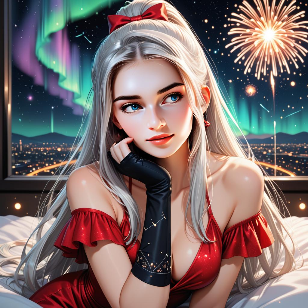 Woman with Silver Hair in Red Outfit against Fireworks and Northern Lights Woman with Silver Hair in Red Outfit against Fireworks and Northern Lights