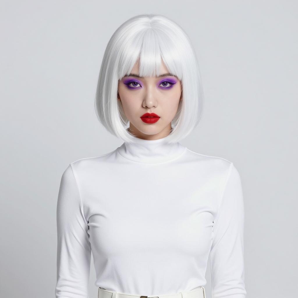 Woman with White Bob Hairstyle and Bold Makeup in White Turtleneck