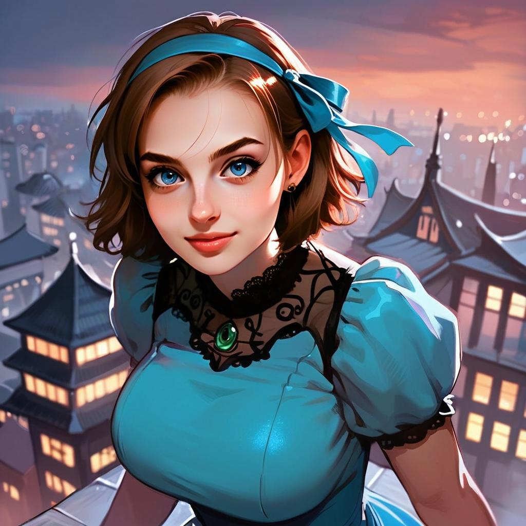 Young Woman in Vintage Blue Dress at Sunset Cityscape Young Woman in Vintage Blue Dress at Sunset Cityscape
