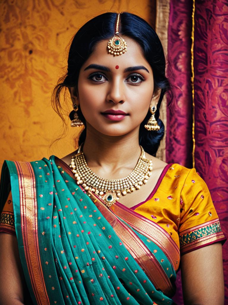 Woman in Retro Indian Saree with Jewelry