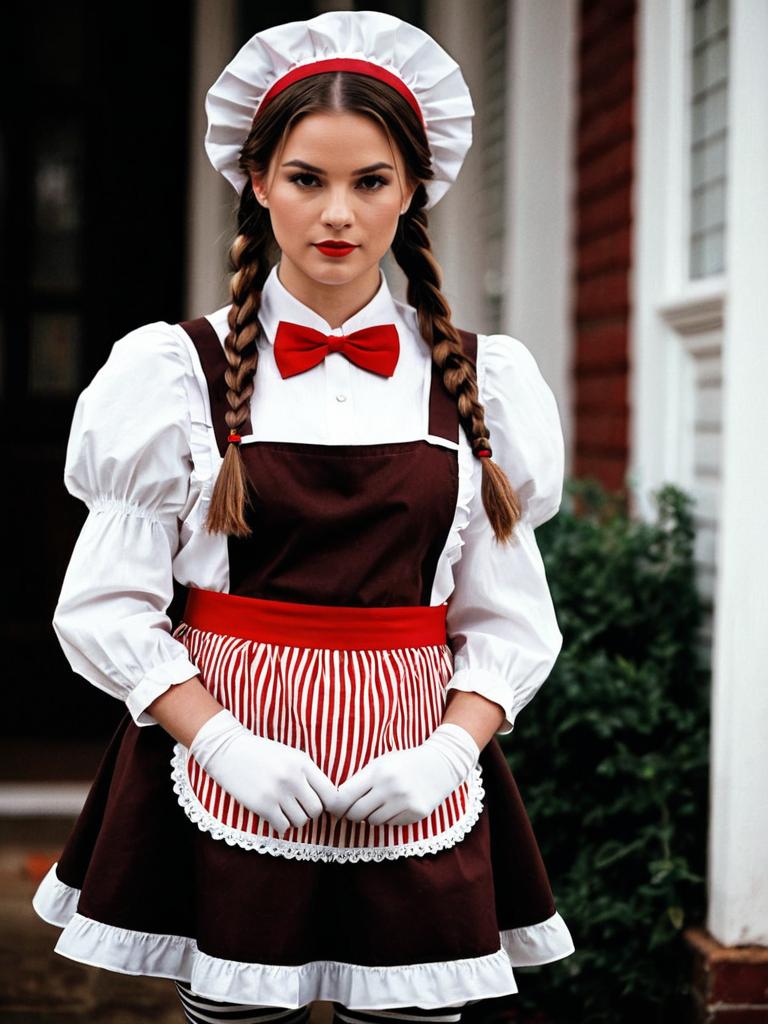 Woman in Classic Annie Costume with Twin Braids and Red Bow