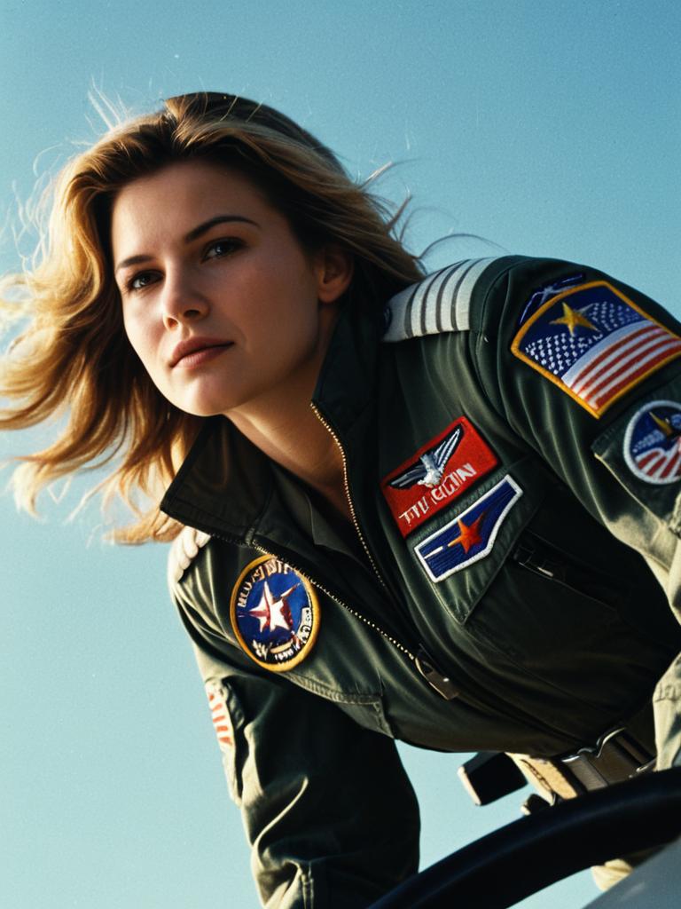 Heroic Woman in Top Gun Costume Cinematic Realism Low Angle Shot