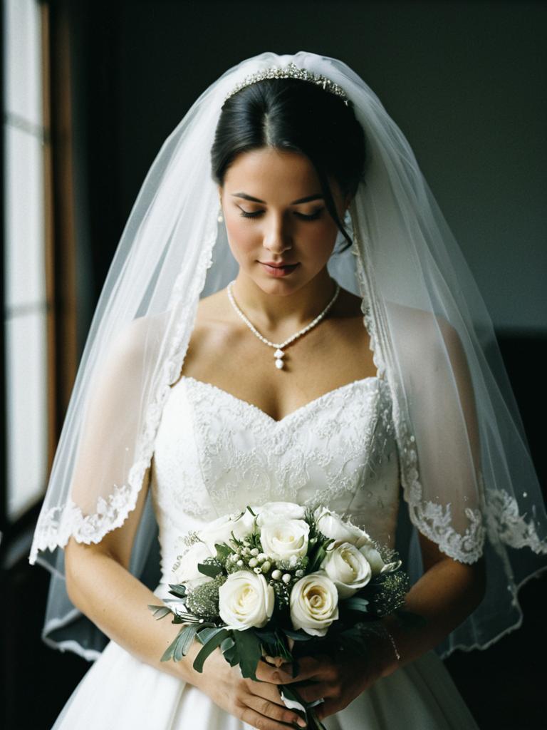 Woman in Classic White Wedding Dress with Veil and Bouquet
