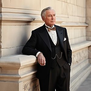 Elegant Elderly Man in Classic Black Tuxedo Leaning on Stone Balustrade