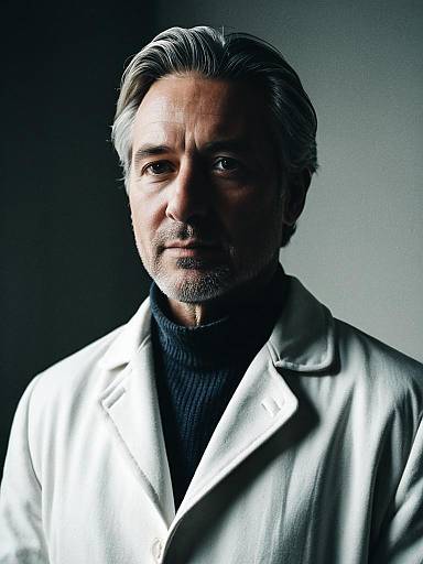 Photorealistic Professional Portrait of Mature Man in White Coat Cinematic Style