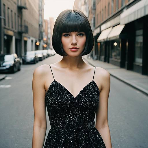 Fashionable Woman with Black Bob Haircut and Elegant Dress on Urban Street